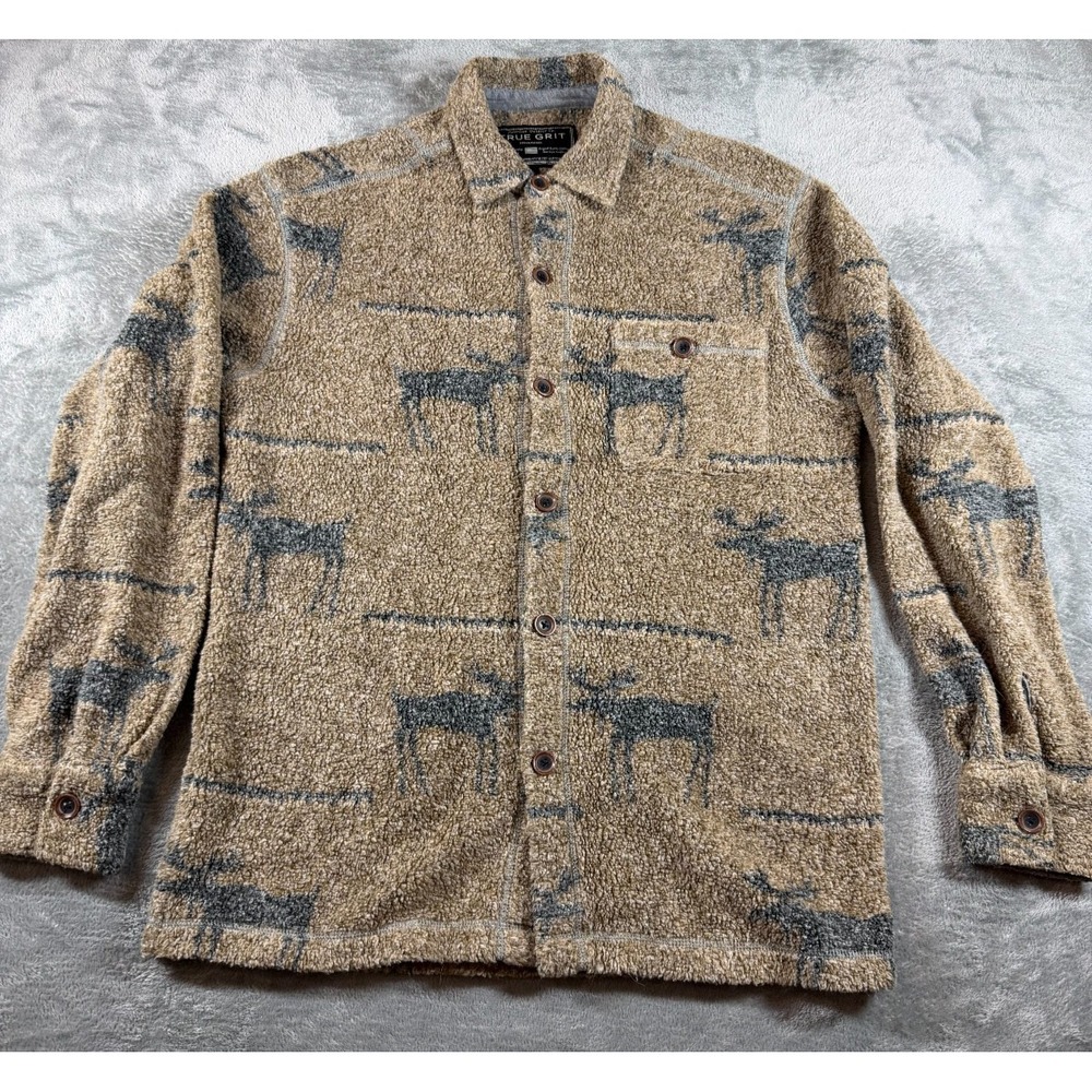 Vtg True Grit Moose Fleece Shirt Jacket Brown Gray Outdoors Button Up Men's S